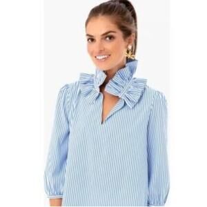 Tuckernuck Striped Ruffle High Neck 3/4 Sleeve Blouse